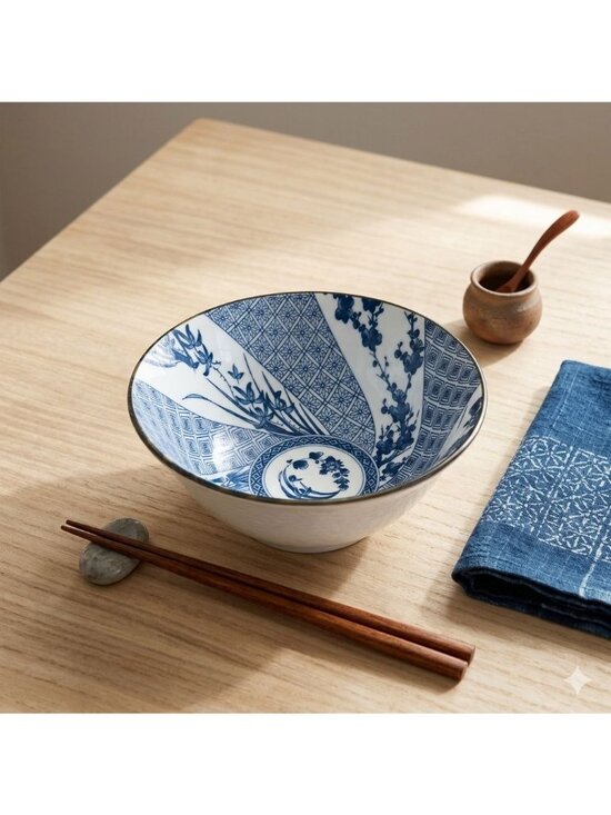 Tokyo Design Studio Other - Japanese Blue and White Geometric Floral Porcelain 6" Ramen Soup Bowl